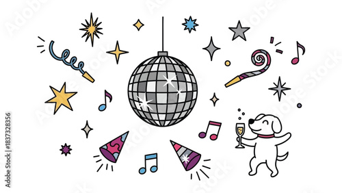 Festive Party Elements: A joyous cartoon illustration filled with party elements including a disco ball, musical notes, celebratory party hats.