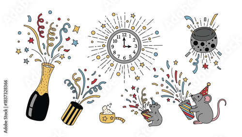 Festive Celebration Elements: A collection of celebratory elements, including a bottle of champagne, party poppers, a clock indicating the stroke of midnight, and playful illustration.