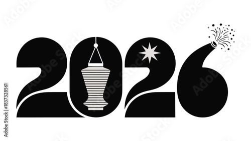 Year 2026 Celebration: A clean, bold graphic design displays the year 2026, embellished with festive elements like a lantern and a burst of fireworks, marking a significant date. 
