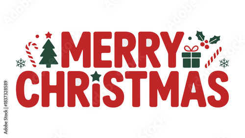 Christmas Festive Greeting: A festive Merry Christmas message, adorned with Christmas tree, candy cane, snowflake, gift and holly, conveying seasonal joy and the spirit of celebration.