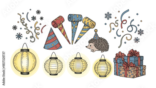 Festive Collection: A vibrant assortment of celebratory elements, including lanterns, party horns, confetti, and gift boxes. capturing a fun celebration scene 