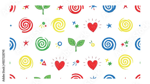Playful Pattern: A delightful repeating pattern of vibrant hearts, spirals, and other elements, all set against a clean backdrop.  Perfect for adding a touch of cheer.