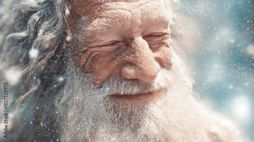 A cheerful senior man with snowy hair and beard is seen in a close-up, his eyes closed as he smiles peacefully amidst a flurry of gentle snowflakes.