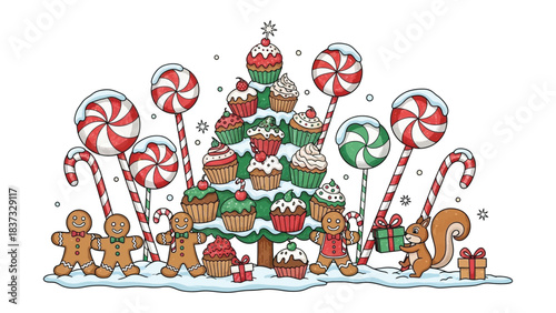 Festive Cupcake Wonderland: A whimsical illustration of a Christmas tree adorned with cupcakes and surrounded by festive treats.