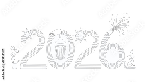 A New Year Celebration: A creative illustration featuring the year 2026, creatively formed by a playful hose, festive lights, and symbols of a joyful celebration.