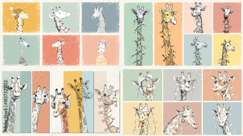 A charming illustration set of cute giraffes in various poses and expressions, drawn in soft pastel colors and playful style, perfect for children designs and creative artwork.