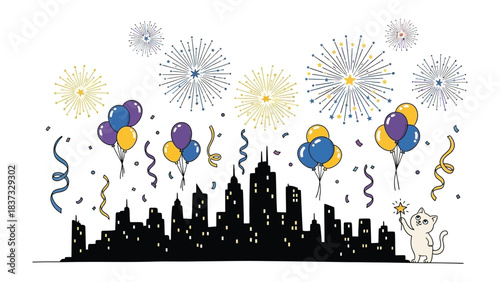 City Celebration: A silhouette of a cityscape bursts with festive energy as fireworks and balloons dance above, celebrating with streamers and a friendly cartoon character