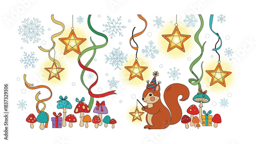 Festive Squirrel: A cheerful squirrel in a party hat, surrounded by glowing star decorations, gift, mushroom, and snowflakes, creates a whimsical holiday scene. 
