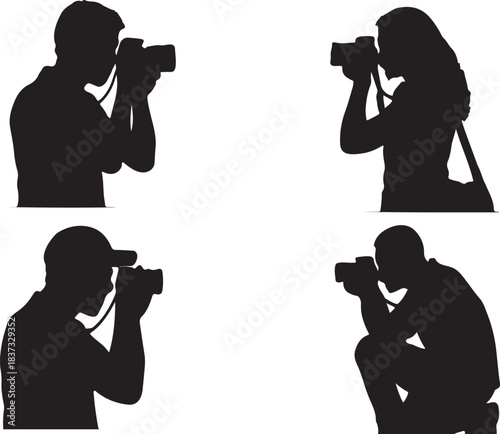 set of 4 Silhouettes of people taking pictures with cameras
