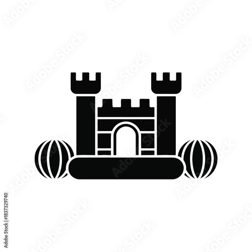 Black silhouette icon of a bouncy castle with two inflatable balls Keywords: bouncy castle, inflatable, castle, resilient architecture silhouette