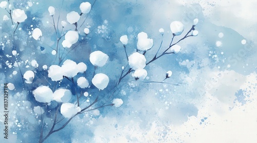 watercolor painting with abstract winter theme, delicate branches, and snow-covered berries