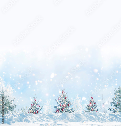 Holiday card. Winter forest. The Christmas tree is decorated with balls and bows.