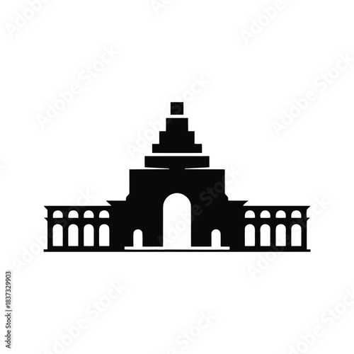 Black silhouette icon of a grand building with a central arch and tiered roof Keywords: building, architecture, resilient architecture silhouette
