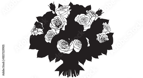 Black and white floral bouquet silhouette featuring roses and leaves arranged in a circular wreath.