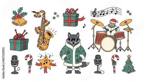 Festive Holiday Illustrations: A collection of charming, hand-drawn Christmas elements, encompassing musical instruments, cheerful holiday symbols, and a whimsical anthropomorphic character. 
