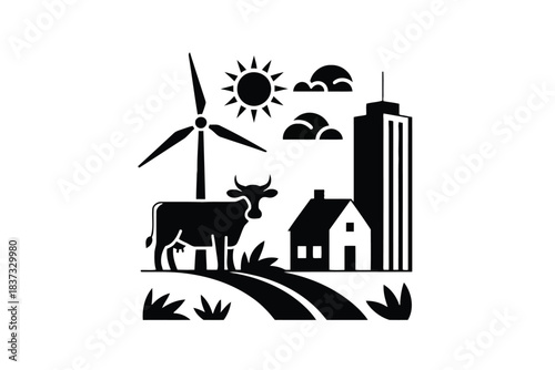 Black Silhouette Icon of Cow Wind Turbine House and City Building on White Background Keywords: cow, cattle, resilient architecture silhouette