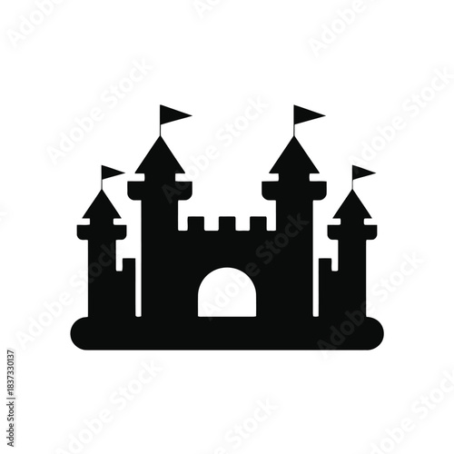 Black silhouette of a fairytale castle with flags on white background Keywords: castle, silhouette, black, resilient architecture silhouette