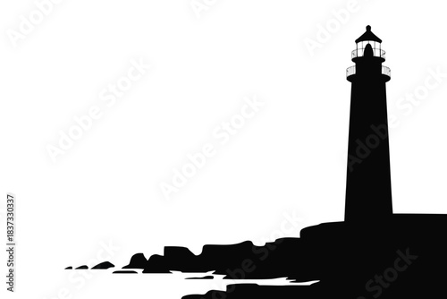 Black silhouette of a tall lighthouse on a rocky coastline against a white background Keywords: lighthouse, resilient architecture silhouette