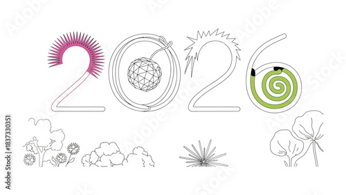 Year 2026 Illustration: A visually striking illustration of the year 2026, featuring creative interpretations of the numbers, complemented by whimsical elements of nature.