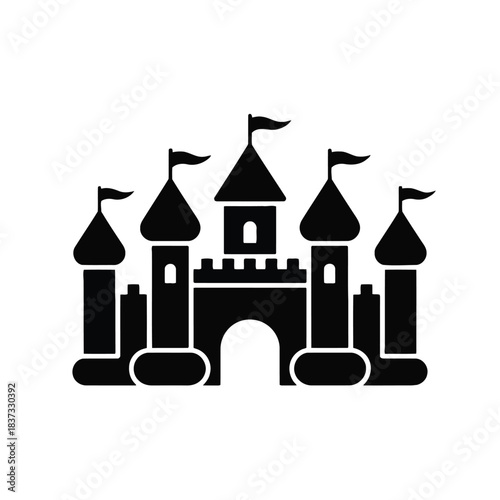 Black silhouette of a whimsical castle with rounded towers and flags on white background Keywords: castle, resilient architecture silhouette