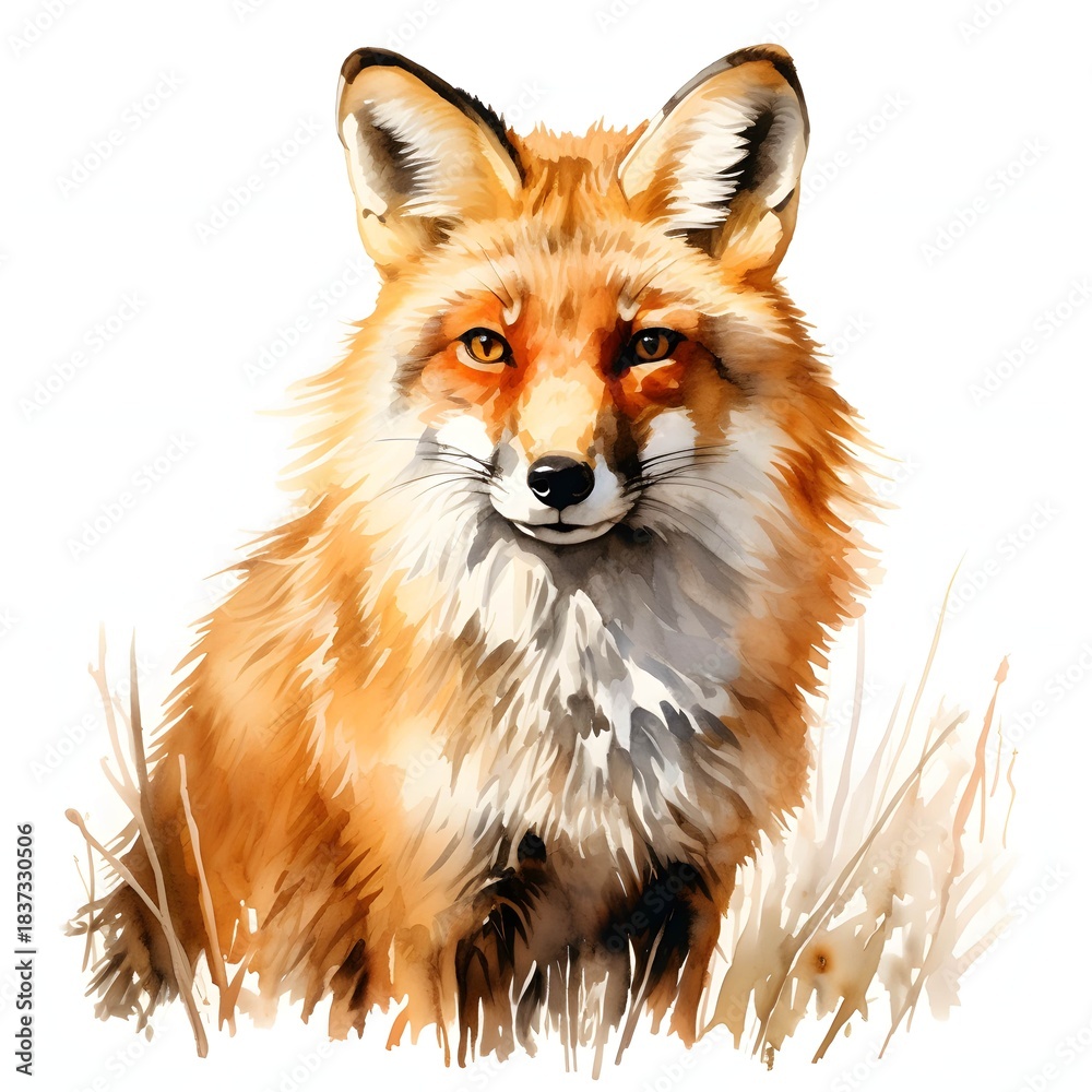 Naklejka premium Watercolor portrait of a red fox in tall grass with a curious expression