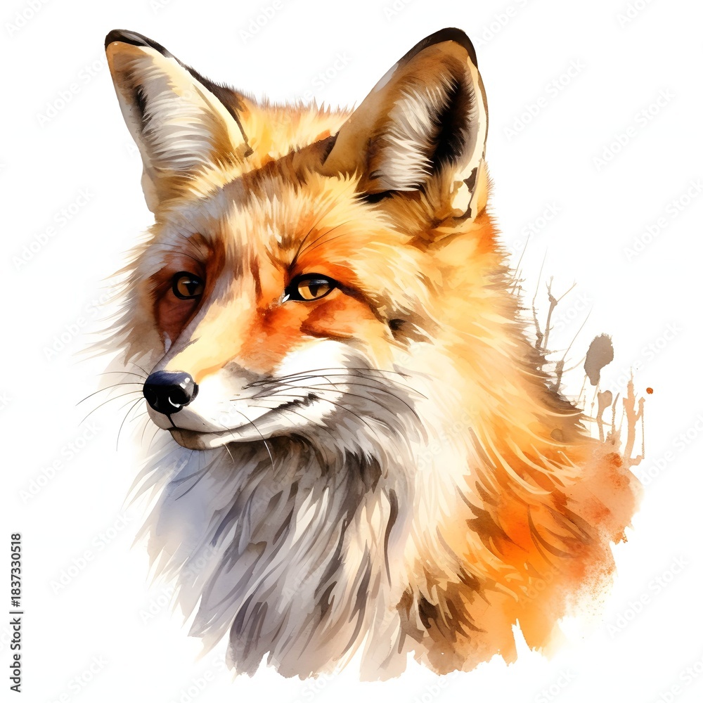 Obraz premium Fox portrait in watercolor style with striking details on a white backdrop