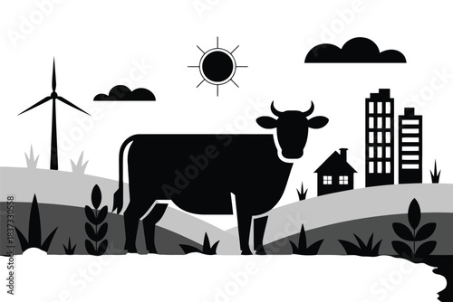 Black Silhouette of Cow Wind Turbine and City Buildings on Grayscale Landscape Keywords: cow, cattle, farm, resilient architecture silhouette
