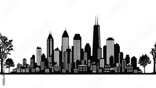 Detailed resilient architecture silhouette Black and White City Skyline Silhouette with Trees on White Background urban architecture