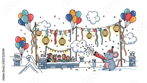 Festive Gathering: A delightful illustration captures a cheerful gathering, featuring a mouse setting off confetti amid a backdrop of balloons, lanterns, and a group of children.