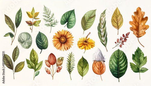 Botanical and ornithological illustration featuring two birds with yellow and black plumage perched among diverse leaves and flowers, including green foliage, orange oak leaf, and purple-pink blossoms
