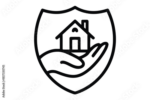 Hand holding a house inside a shield icon representing home insurance or protection Keywords: home, house, hand, resilient architecture silhouette
