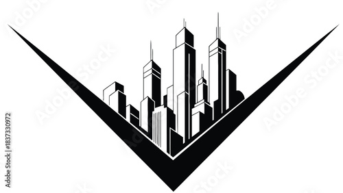 Resilient architecture silhouette Black and White City Skyline Silhouette within a Large V Shape urban architecture