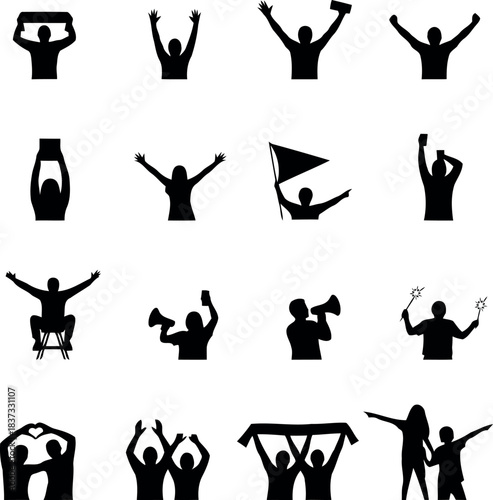 Crowd silhouettes cheering fans with flags and banners vector