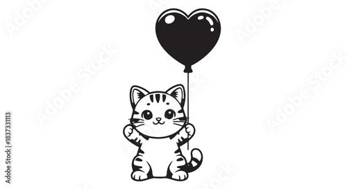 Whimsical kitten holding a heart shaped balloon.