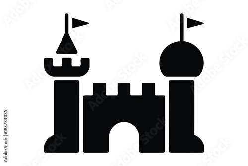 Resilient architecture silhouette Black silhouette icon of a toy castle with flags and turrets on a white background black and white