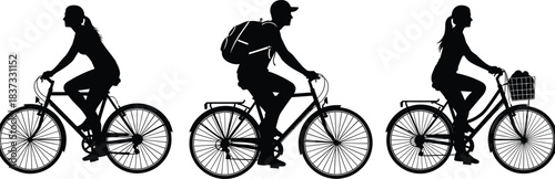 Bicycle Riders Silhouette Vector Set, Cyclist Man with Backpack and Women Riding Bikes, Isolated Black Graphic