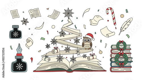 Festive Storytelling: Festive decoration of a Christmas tree with an open book as its base, inkwell, pen, candy cane and other decoration. evokes a feeling of holiday joy and literary charm.