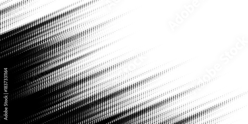 Black grunge halftone gradient background. Abstract faded grit noise texture. White and black simple wallpaper. Retro Style pixelated backdrop. Anime or manga style pop art.