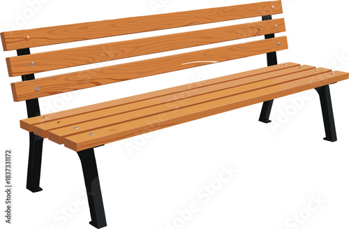 Classic wooden park bench vector illustration for public garden, relaxation, outdoor furniture, city park, nature seating, and rest area design element, with metal black frame on white background.