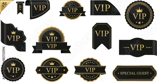 Luxury black and gold VIP Special Guest labels and emblem vector set for exclusive access, premium event branding, membership badges, and invitation design elements.