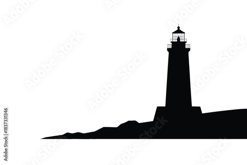 Resilient architecture silhouette Black silhouette of a tall lighthouse standing on a rocky coastline against a white background black and white