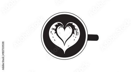 Stylized coffee cup with heart latte art silhouette on white background.