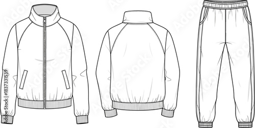 Technical Fashion Flat Sketch of Tracksuit, Bomber Jacket and Jogger Pants Vector, Apparel Template Design CAD Illustration
