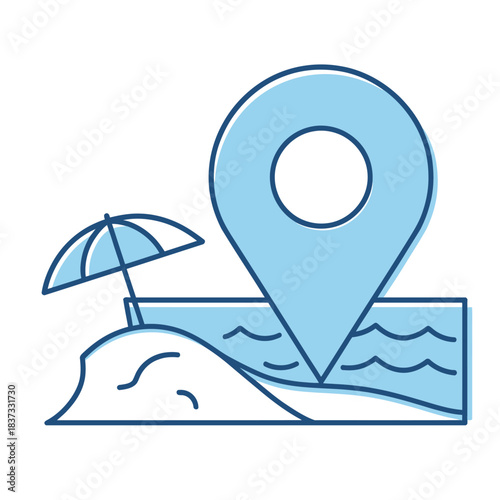 Beach travel location pin icon art showing vacation destination marker with umbrella shoreline waves summer tourism symbol for map navigation and holiday planning graphics