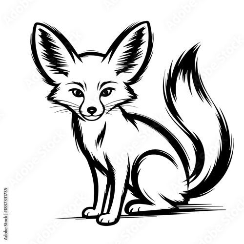 Fennec fox sitting elegantly with large ears, showcasing remarkable features and agile stature. Represents themes of nature, wildlife, and desert environments.