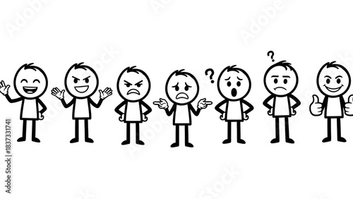 A row of black and white stick figures illustrating a range of human emotions and expressions, including happiness, anger, confusion, and approval.