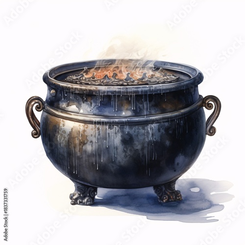 Bubbling cauldron with smoke and fire for spooky halloween or fantasy concepts