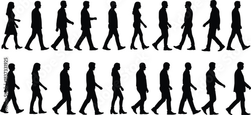 Walking People Silhouettes Vector Set, Diverse Men and Women in Various Poses, Isolated Black Figures in Motion