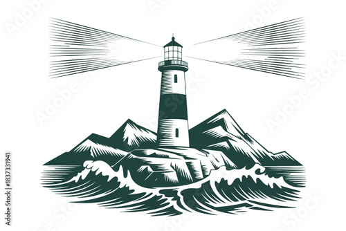 Stylized illustration of a lighthouse on a rocky island with waves and light beams Keywords: lighthouse, beacon, resilient architecture silhouette