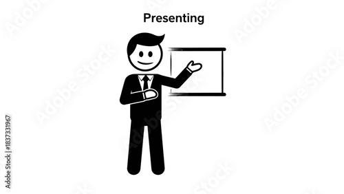 A simple black and white illustration of a businessman presenting information on a whiteboard.